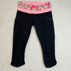 lululemon Cropped Black and Pink Floral Waistband Leggings